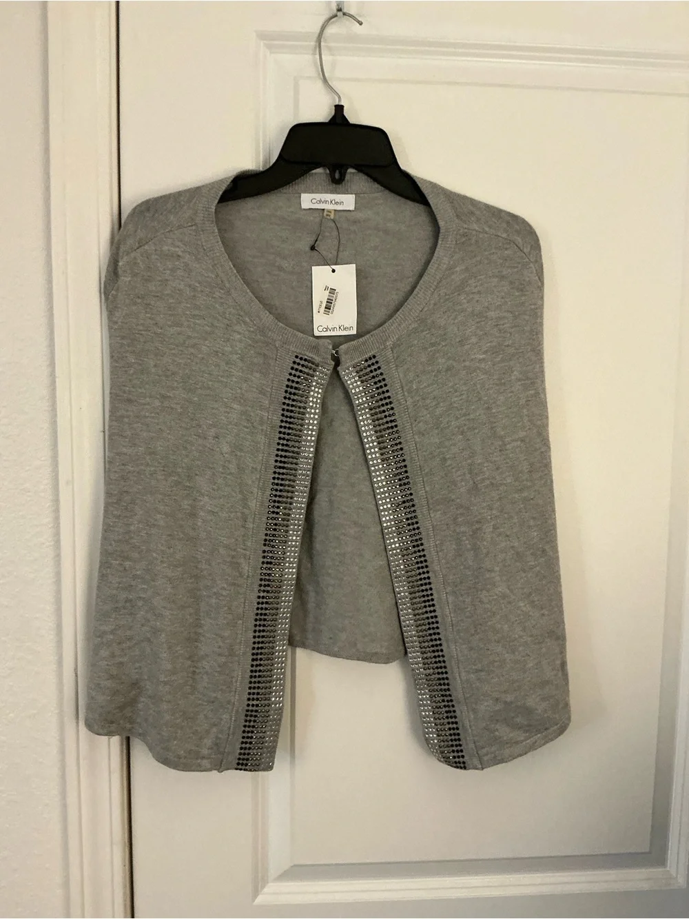 Calvin Klein Heather Grey Rhinestone Beaded Trim Open Front Shrug Capelet NWT